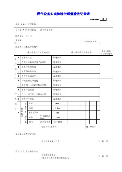 燃气设备安装检验批质量验收记录表