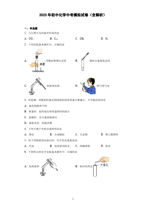 2023年初中化学中考模拟试卷(含解析)