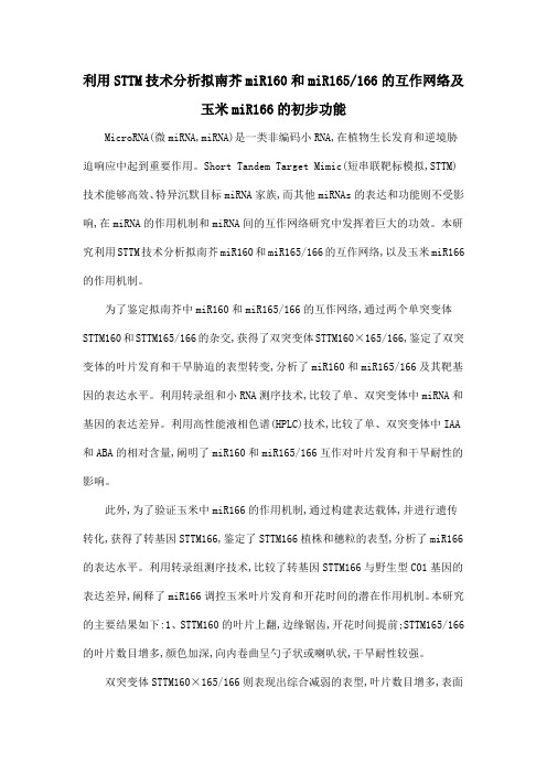 利用STTM技术分析拟南芥miR160和miR165166的互作网络及玉米miR166的初步功能