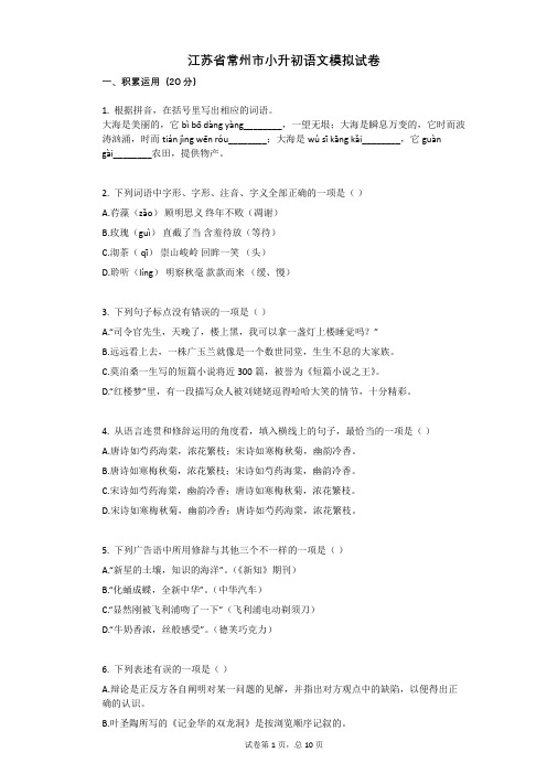 江苏省常州市小升初语文模拟试卷有答案