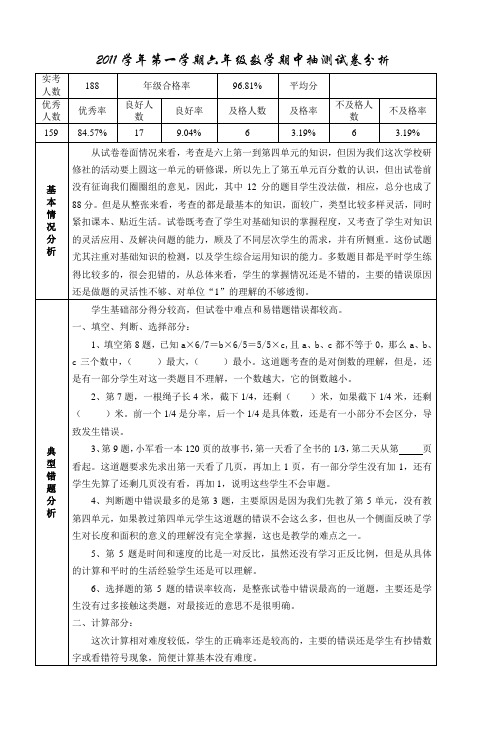 2011学年第一学期六年级数学期中抽测试卷分
