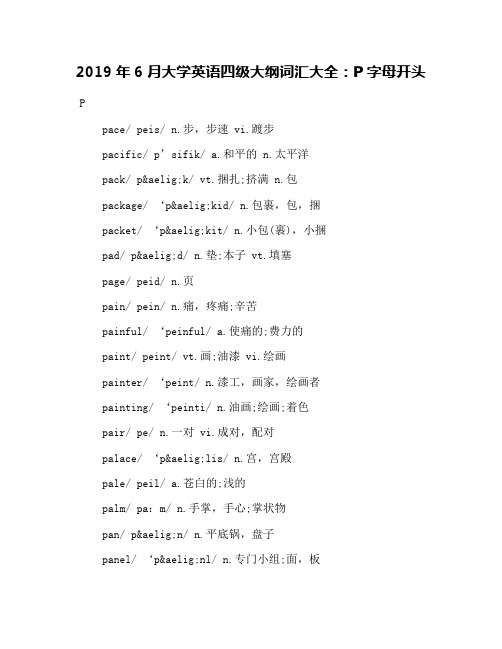 2019年6月大学英语四级大纲词汇大全：P字母开头