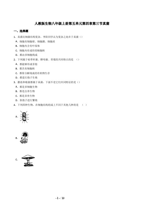 人教版八年级生物上册5.4.3真菌同步练习(含答案)