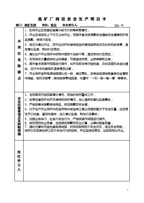 选矿厂岗位安全生产明白卡模板(2021年修订)