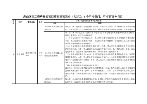 房山区固定资产投资项目审批事项清单(共涉及16个审批部