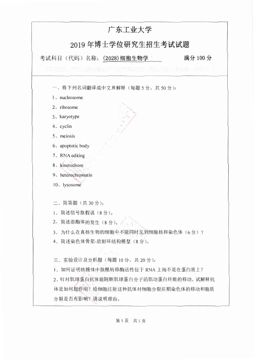 广东工业大学博士研究生入学考试真题2019细胞生物学2028