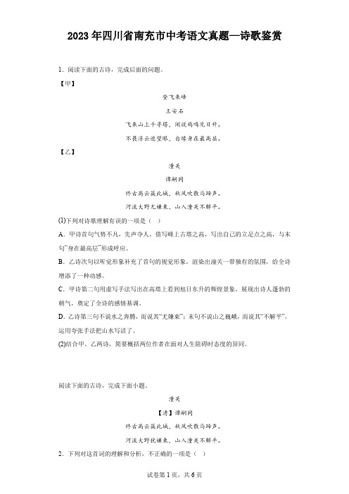 2023年四川省南充市中考语文真题—诗歌鉴赏(含解析)