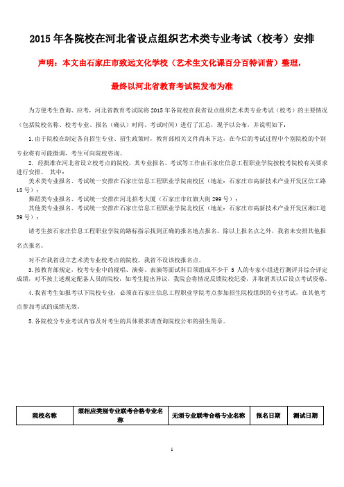 2015年各院校在河北省设点组织艺术类专业考试(校考)安排