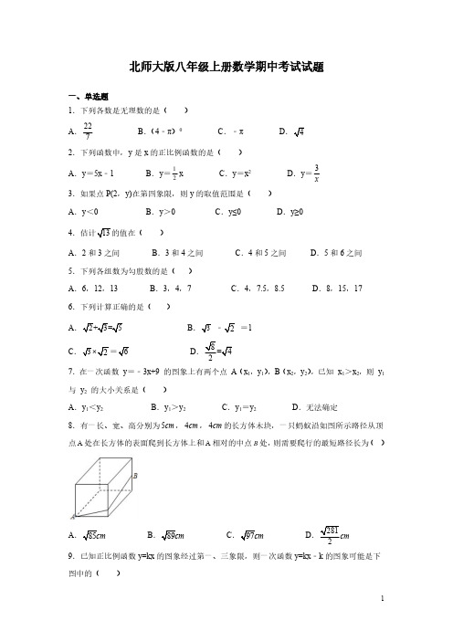 北师大版八年级上册数学期中考试试卷及答案