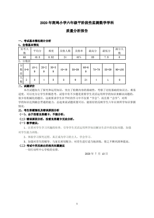 斑鸠小学六年级数学学业水平监测质量分析报告