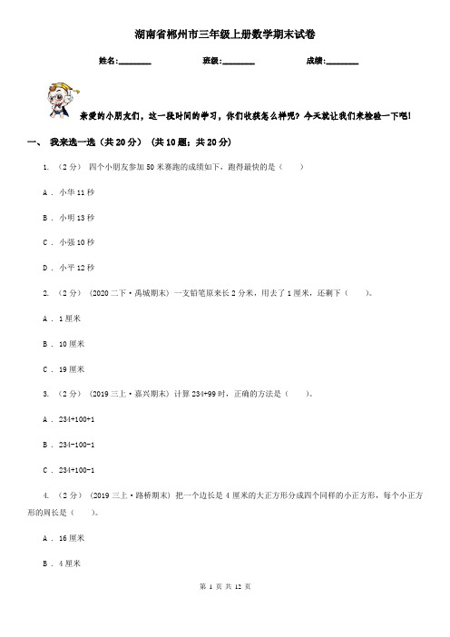 湖南省郴州市三年级上册数学期末试卷