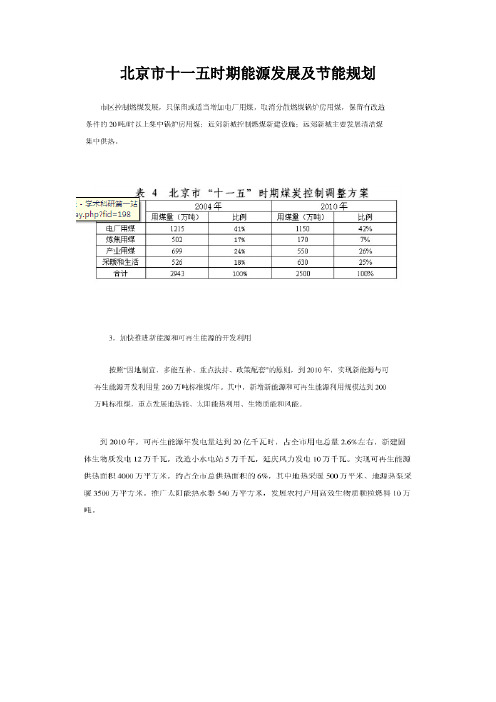 北京市十一五时期能源发展及节能规划