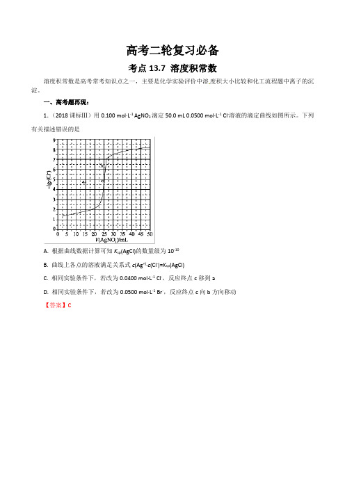 高考专题-- 溶度积常数(考点透视)-2019年高考化学试卷拆解考点---精校解析Word版