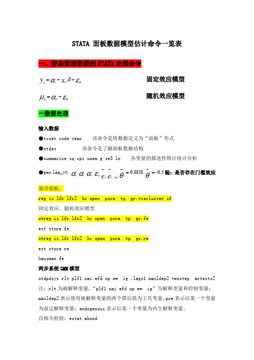 STATA面板数据模型操作命令