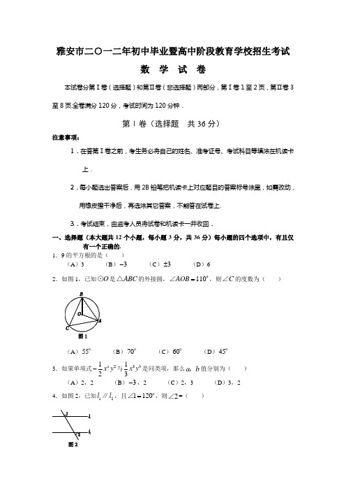 2012年四川省雅安市中考真题及答案