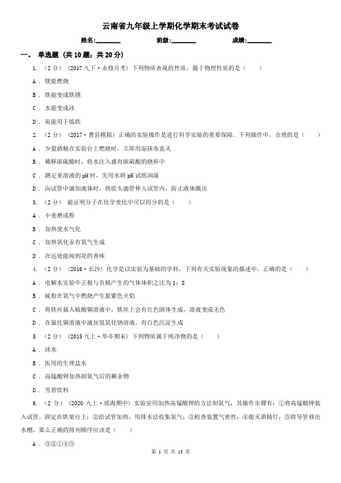 云南省九年级上学期化学期末考试试卷
