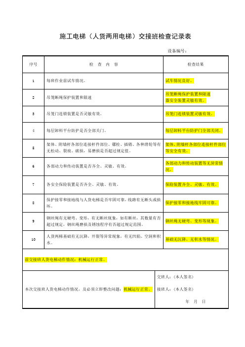 施工电梯司机交接班记录(范本)