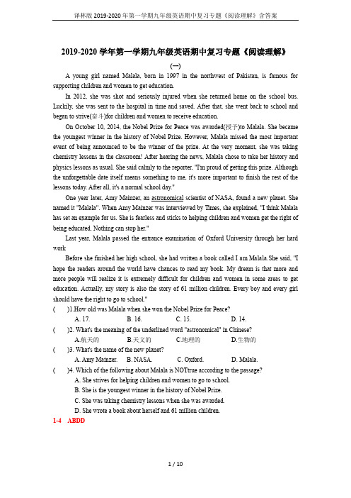 译林版2019-2020年第一学期九年级英语期中复习专题《阅读理解》含答案
