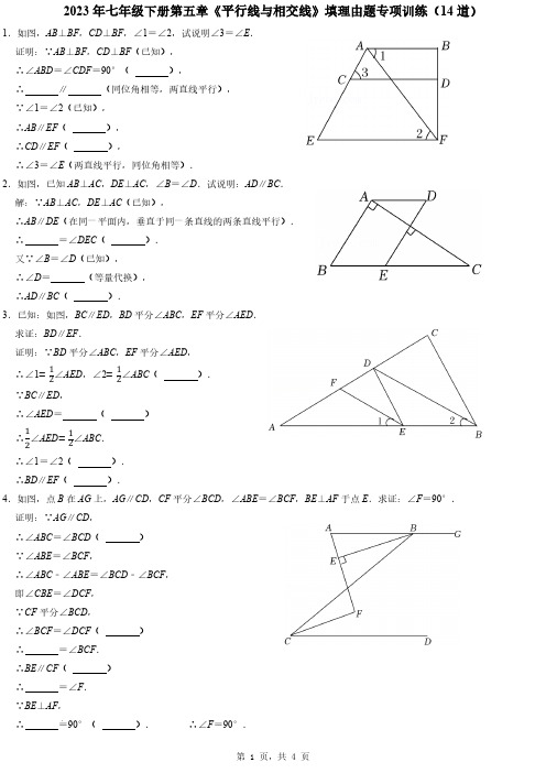 2023年七年级下册数学第五章相交线与平行线证明题阅读理解填理由专项训练(14道)