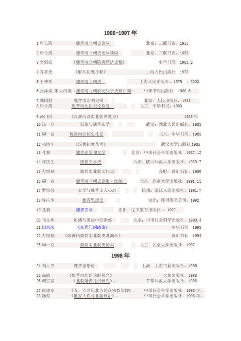 魏晋南北朝部分专著书目 出版年代排序改过