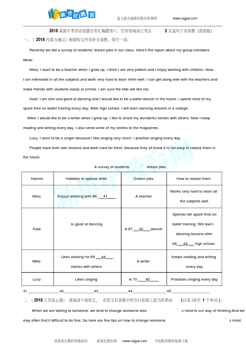 最新中考英语真题分类汇编题型八：任务型阅读之考点2完成句子及表格(原卷版)