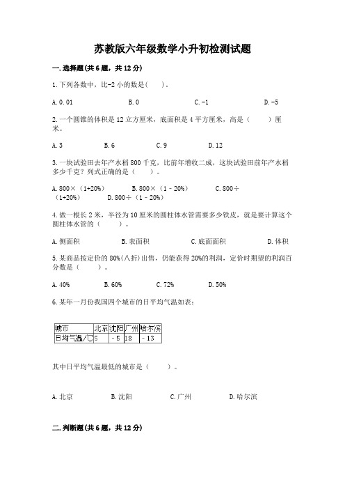苏教版六年级数学小升初检测试题含答案(完整版)