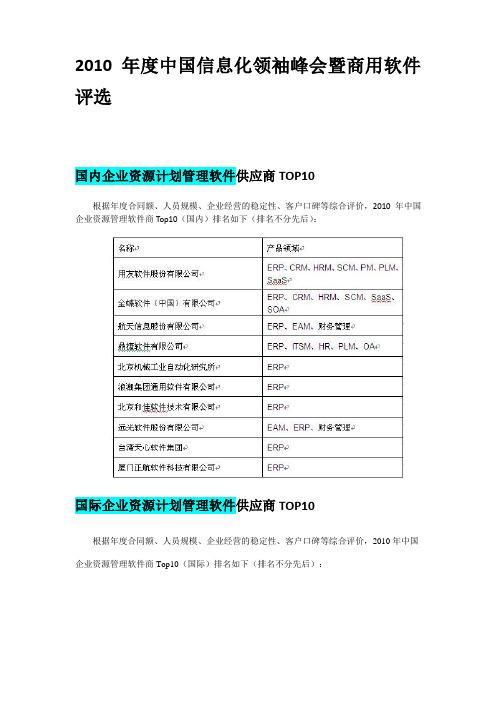 2010年度中国商用软件评选榜单