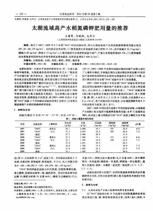 太湖流域高产水稻氮磷钾肥用量的推荐