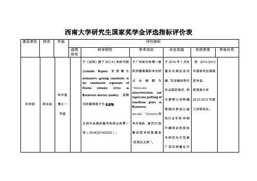西南大学研究生国家奖学金评选指标评价表