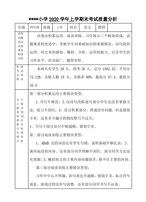 最新人教部编版四年级语文上学期期末考试质量分析