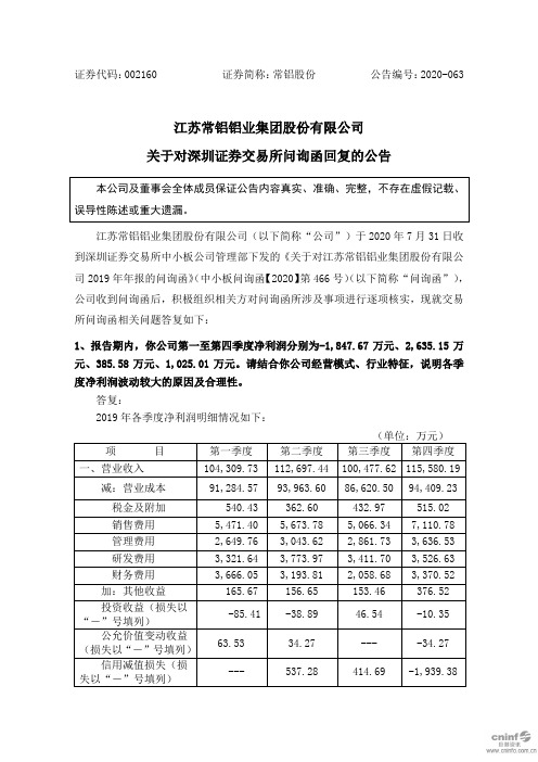 常铝股份：关于对深圳证券交易所问询函回复的公告