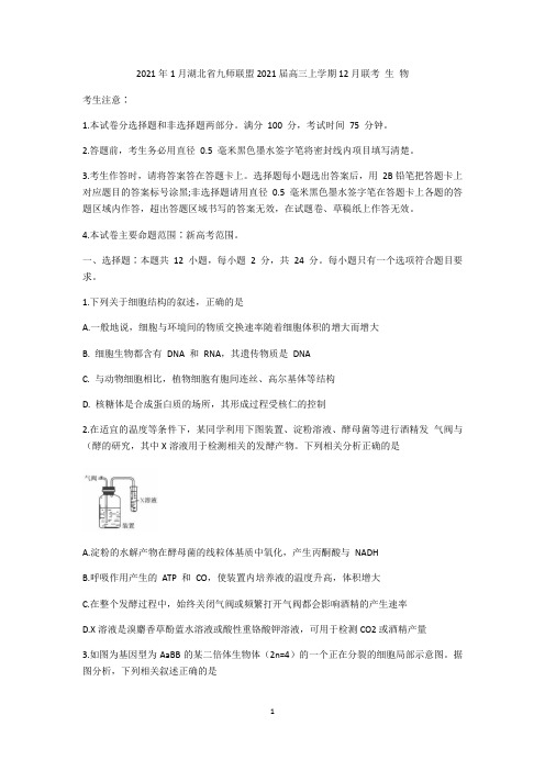 湖北省九师联盟2021届高三上学期12月联考生物试卷(新高考) 含答案