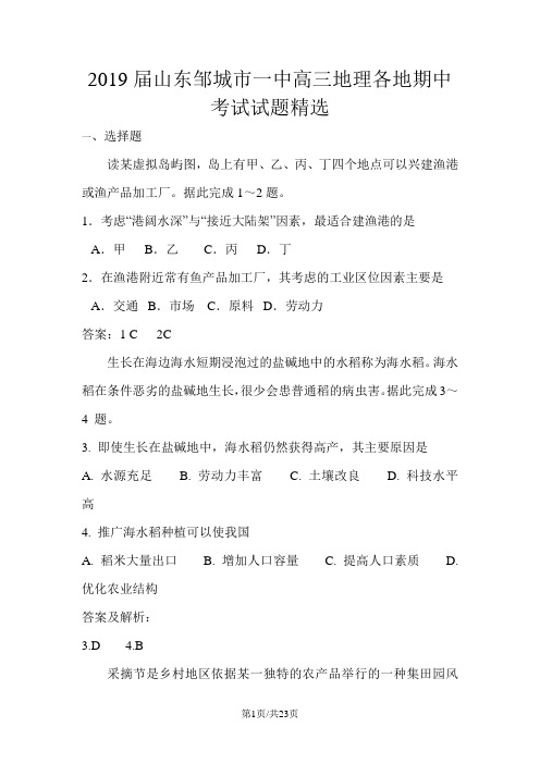 山东邹城市一中高三地理各地期中考试试题精选