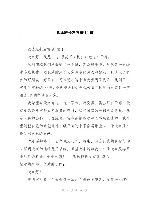 竞选班长发言稿14篇