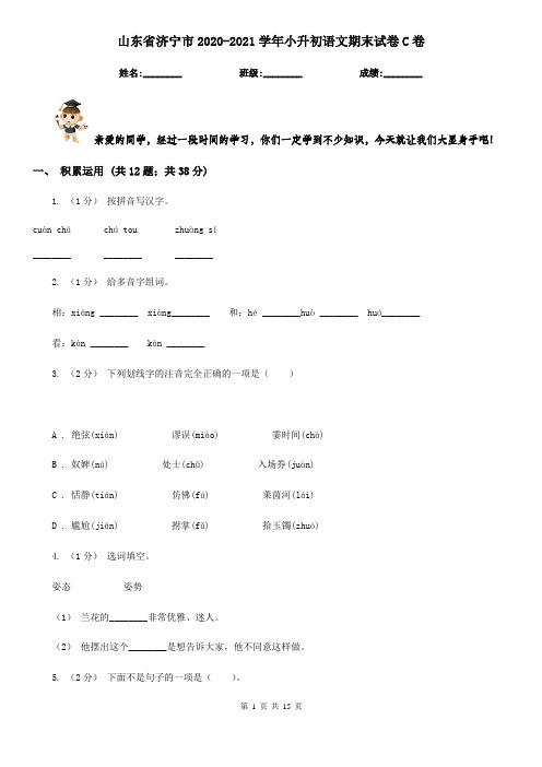 山东省济宁市2020-2021学年小升初语文期末试卷C卷(考试)