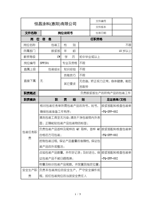 柏明顿-恒昌涂料-岗位说明书-SPP02包装工岗位说明书#