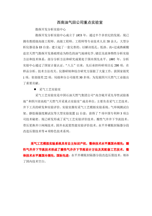 西南油气田公司重点实验室