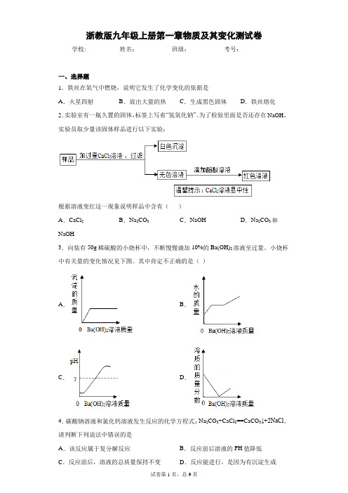 浙教版九年级上册第一章物质及其变化测试卷