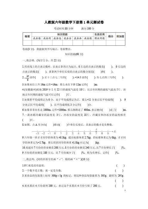 (完整版)人教版六年级数学下册1--6单元测试卷附答案