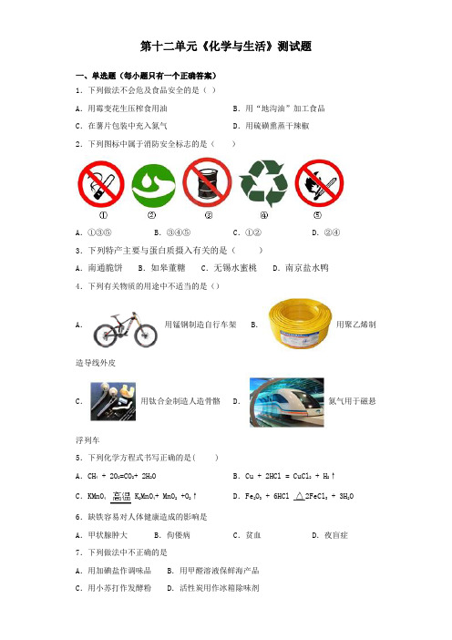 人教版初中化学九年级下册第十二单元《化学与生活》测试题(含答案)