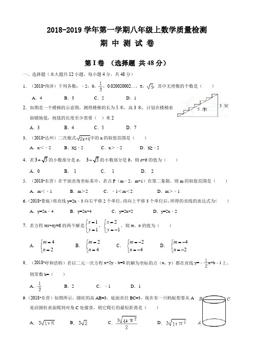 济南北师大版2018-2019学年第一学期八年级上数学期中测试卷