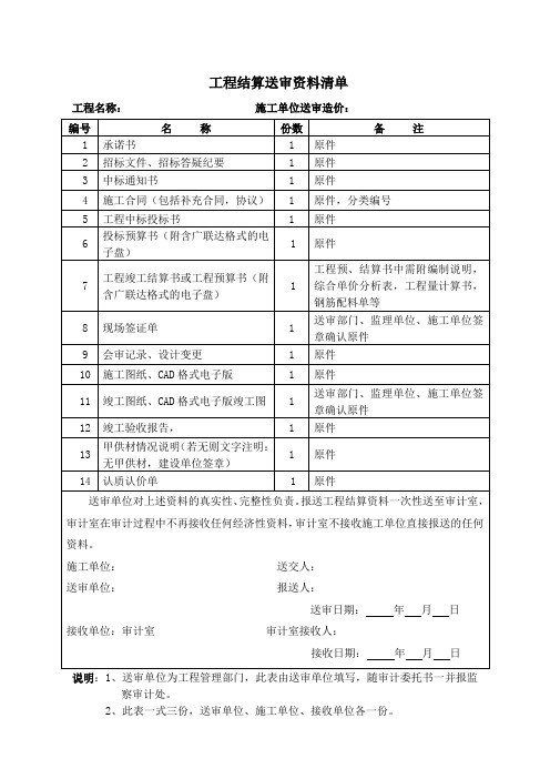 工程结算送审资料清单