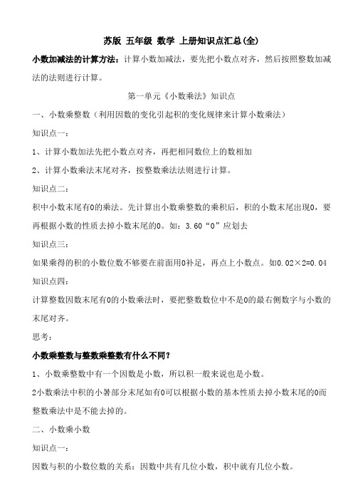 苏版 五年级 数学 上册知识点汇总(全)