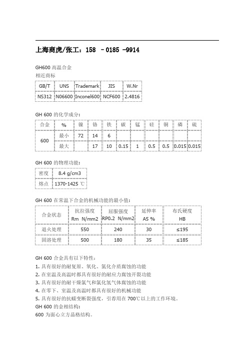 GH600、Inconel600高温耐腐蚀合金参数