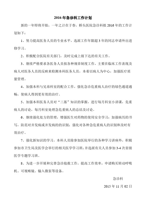 2016年急诊科工作计划