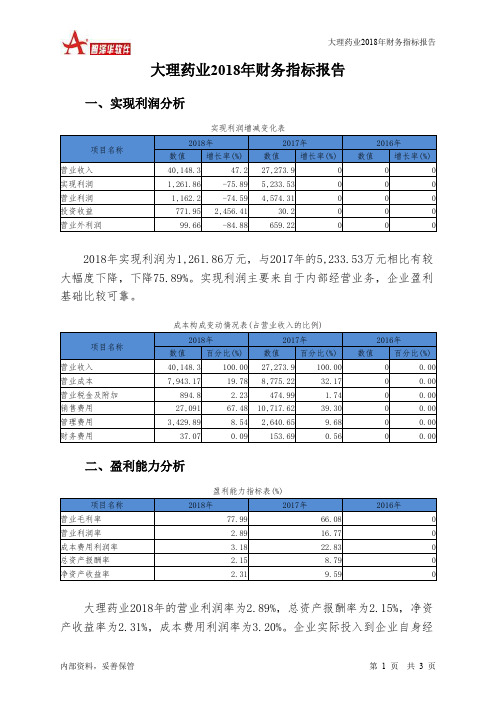 大理药业2018年财务指标报告-智泽华