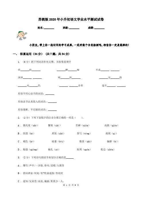 苏教版2020年小升初语文学业水平测试试卷
