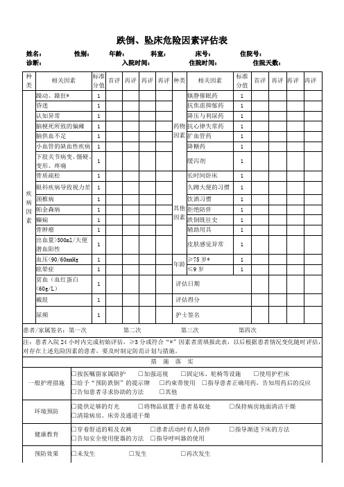 跌倒、坠床危险因素评估表