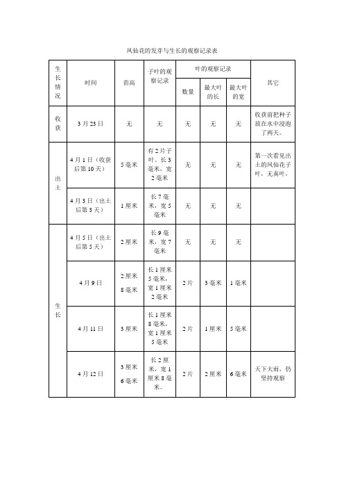 凤仙花的发芽与生长的观察记录表