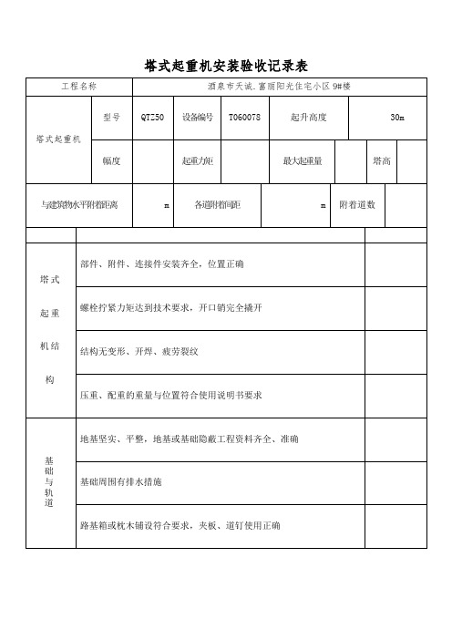 塔式起重机安装验收记录表综合验收表